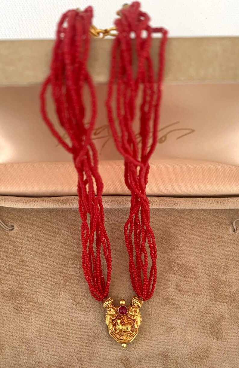 Petite Size Small, 14K South Indian GOLD Vermeil and RED Glass Seed Bead Necklace image 6