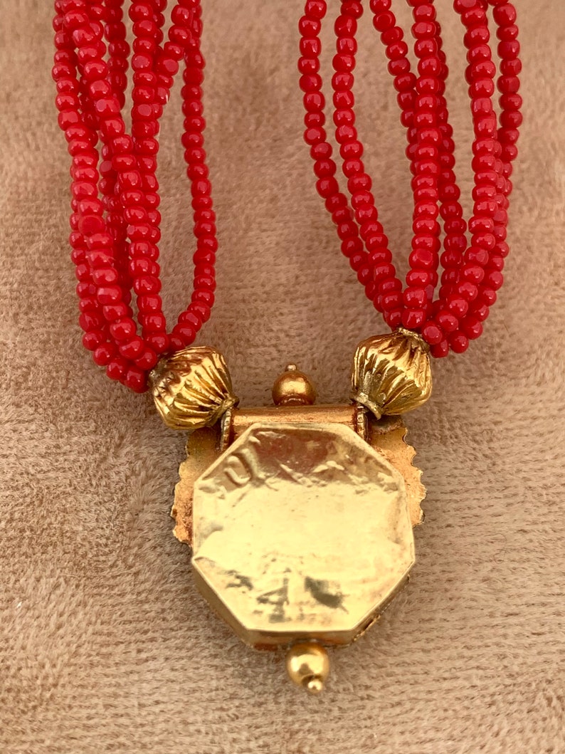 Petite Size Small, 14K South Indian GOLD Vermeil and RED Glass Seed Bead Necklace image 8