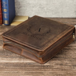 Leather 224 PCS DVD CD Storage Case - Custom Crazy Horse Organizer for Disks & Games - Vintage Style Media Box - Collector Gift Travel Pouch