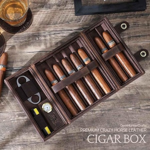 Estuche de cuero artesanal para puros: estuche de viaje personalizado con 7 compartimentos y humidor de doble apertura para hombres.