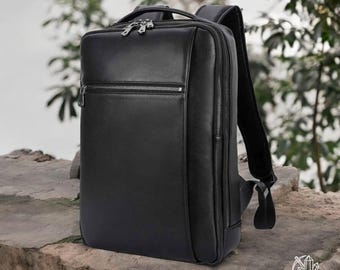 Business Leather Laptop Backpack Men Cowhide Computer Bag 15.6" Black Full Grain Travel Bag