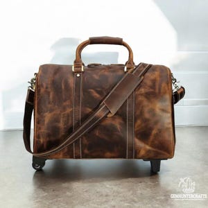 Gepersonaliseerde leren wieltas – volnerf echt lederen trolley reisbagage, rollende plunjezak voor heren, handbagage cadeau-idee