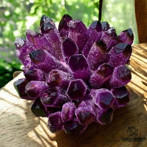 May include: A cluster of amethyst crystals with a deep purple color and a sparkly, frosted finish. The crystals are arranged in a natural, organic shape.
