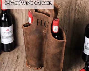 Personalisierte Leder Weinträger für 2 Flaschen: Vollkorn-Rindleder-Tasche