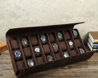 24 Slot Crazy Horse Leather Watch Box – Vintage Display Case