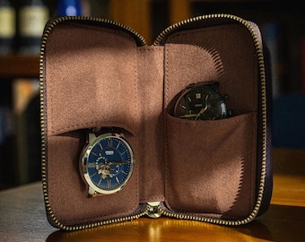 Personalized Leather 2-Slot Watch Travel Case: Luxury Engraved Gift