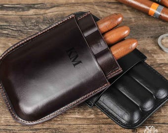 Personalized Leather 3-Slot Cigar Case, Engraved Travel Cigar Holder