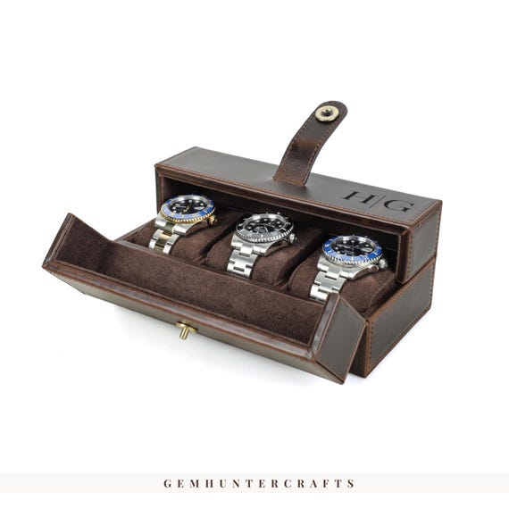 Crazy Horse Leather 3-Slot Watch Box – Velvet Lined Travel Case