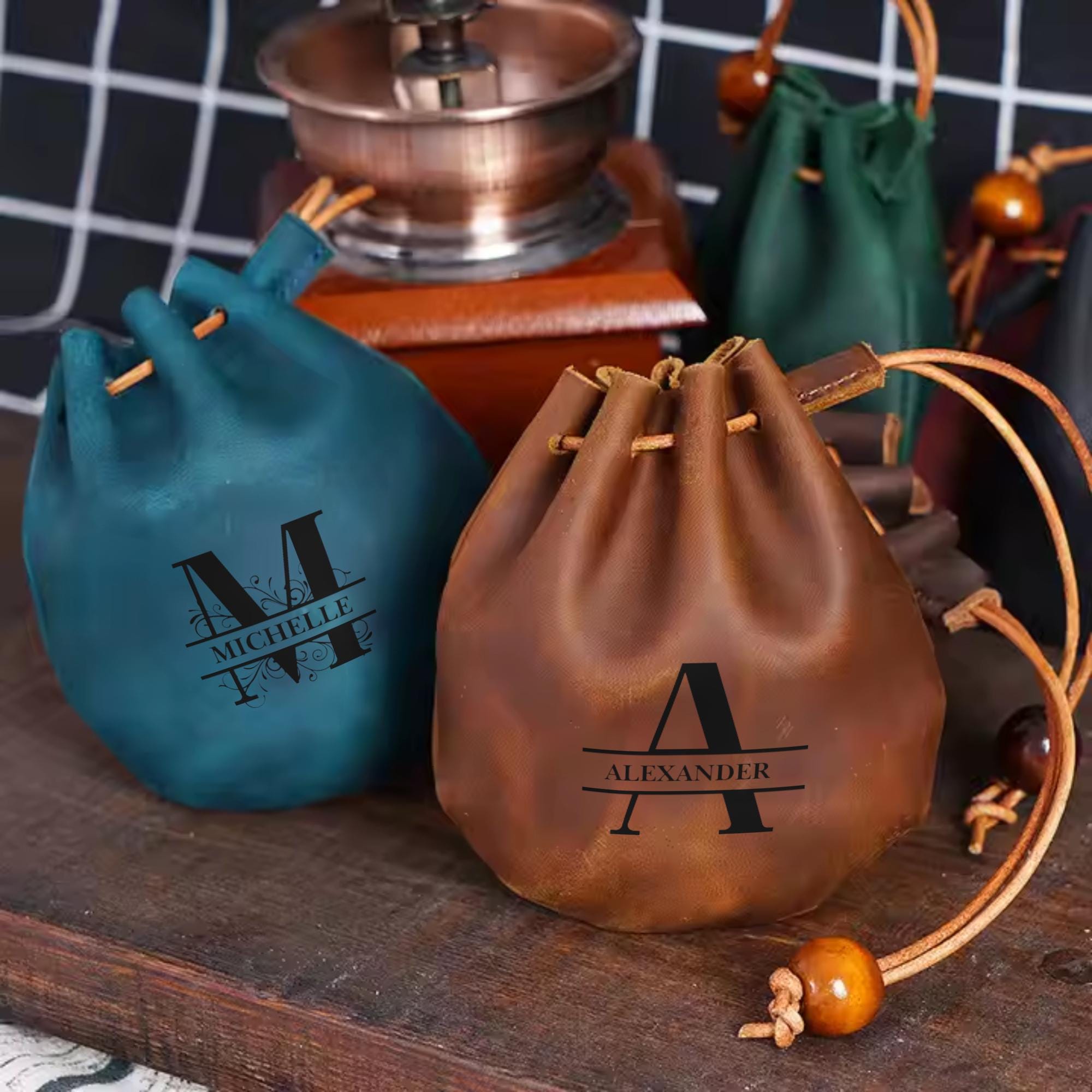 Personalised Small Leather Coin Pouch - Handmade Vintage Style Drawstring Pouch - Medieval Leather Bag - Rustic Coin Purse - DnD Dice Bag