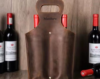 Personalized Leather 2-Bottle Wine Tote: Full Grain Cowhide Carrier