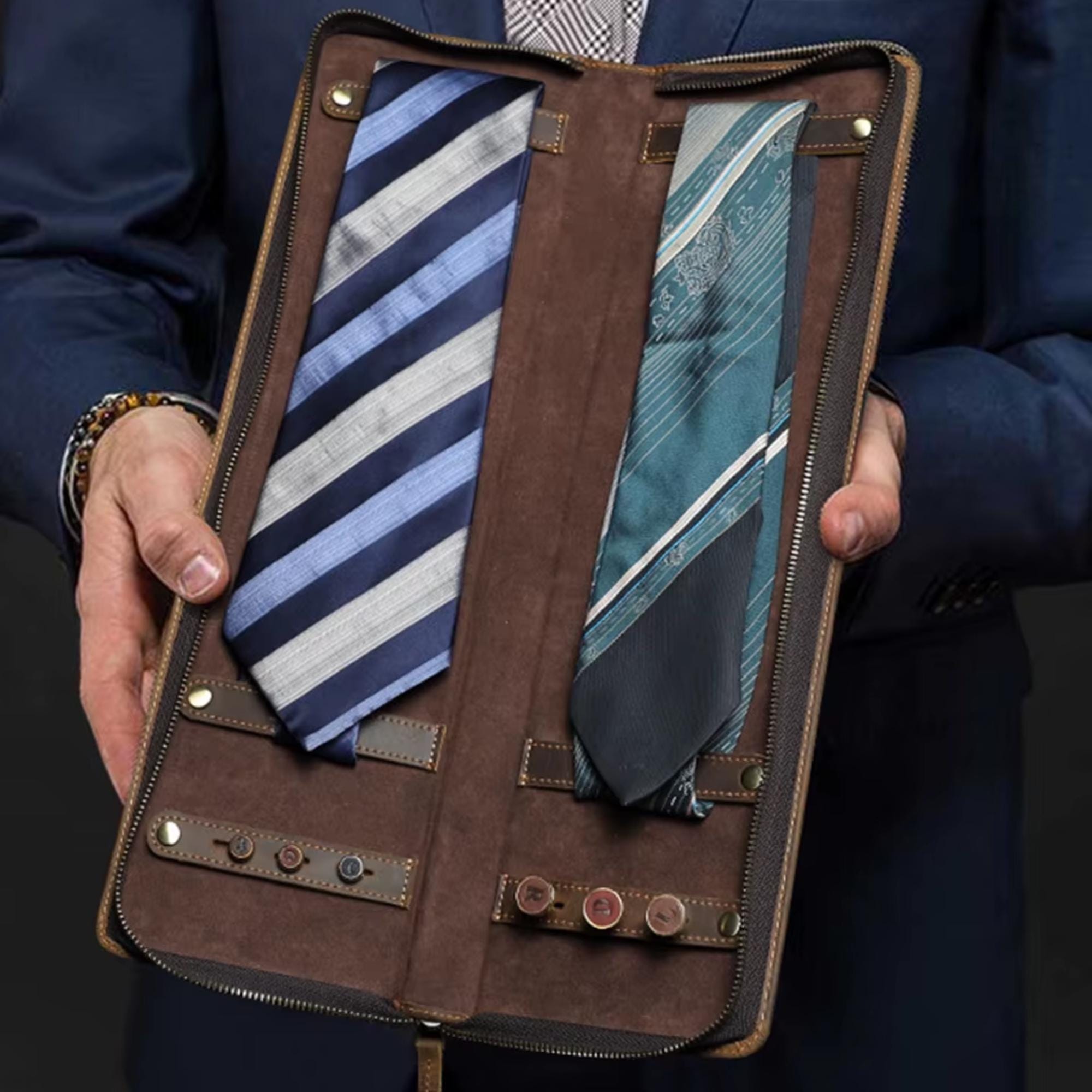Personalized Leather Necktie Organizer: Travel Tie Case with Cufflink Holder