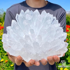 May include: A large, white, crystal cluster with many points. The cluster is being held in a person's hands.