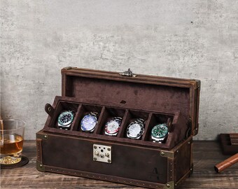 Handmade Crazy Horse Leather 5-Slot Watch Box – Travel Storage Case