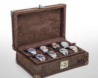 Handmade Crazy Horse Leather Watch Box – 8 Slot, Travel Storage Case