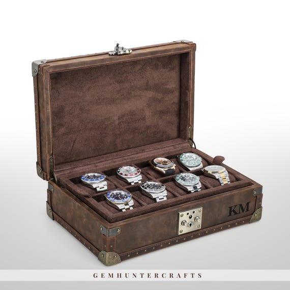 Handmade Crazy Horse Leather Watch Box – 8 Slot, Travel Storage Case