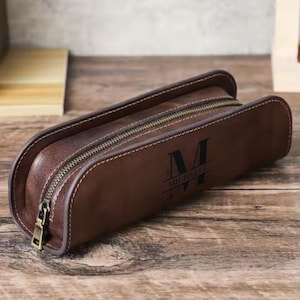 Personalized Leather Pen Case with Zipper - Long Pencil Case Handmade for Artists, Writers, Stationery Gifts, Travel Organizer Pouch