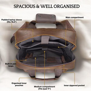 May include: Brown leather backpack with multiple compartments, including a padded laptop sleeve that fits a 15.6 inch laptop, a medium compartment that fits an 11 inch iPad, and an inner zippered pocket. The backpack also has built-in pen loops and organized inner pouches.