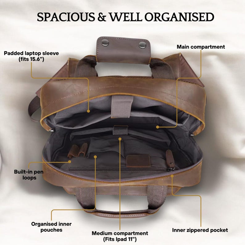 May include: Brown leather backpack with multiple compartments, including a padded laptop sleeve that fits a 15.6 inch laptop, a medium compartment that fits an 11 inch iPad, and an inner zippered pocket. The backpack also has built-in pen loops and organized inner pouches.