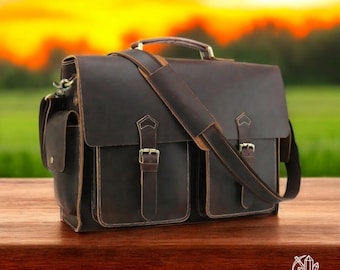 Personalized Leather 17" Laptop Briefcase: Vintage Men's Workbag