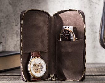 Personalized Leather 2-Slot Watch Travel Case: Engraved Gift