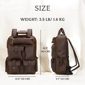 May include: A brown leather backpack with multiple pockets and buckles. It measures 16.9 inches tall, 12.6 inches wide, and 4.7 inches deep. The backpack weighs 3.5 pounds.