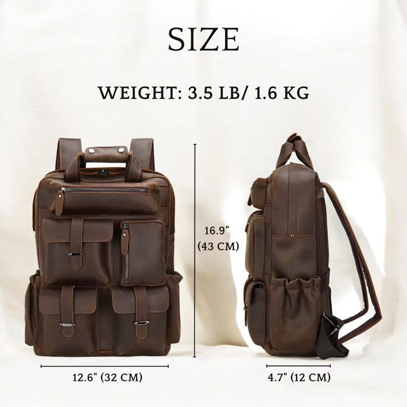 May include: A brown leather backpack with multiple pockets and buckles. It measures 16.9 inches tall, 12.6 inches wide, and 4.7 inches deep. The backpack weighs 3.5 pounds.