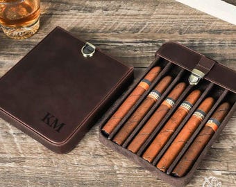Personalized Leather 6-Cigar Travel Case, Full Grain Vintage Humidor