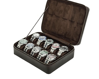 Handmade Crazy Horse Leather 10-Slot Watch Box – Travel Organizer
