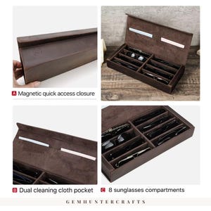 May include: A brown leather sunglasses case with eight compartments. The case has a magnetic closure and dual cleaning cloth pockets. The text "GEMHUNTERCRAFTS" is at the bottom of the image.