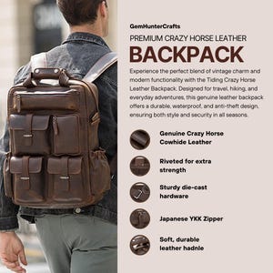May include: Brown leather backpack with multiple pockets and a zipper closure. The backpack is made of genuine crazy horse cowhide leather and has riveted details for extra strength. The backpack also features sturdy die-cast hardware and a Japanese YKK zipper.