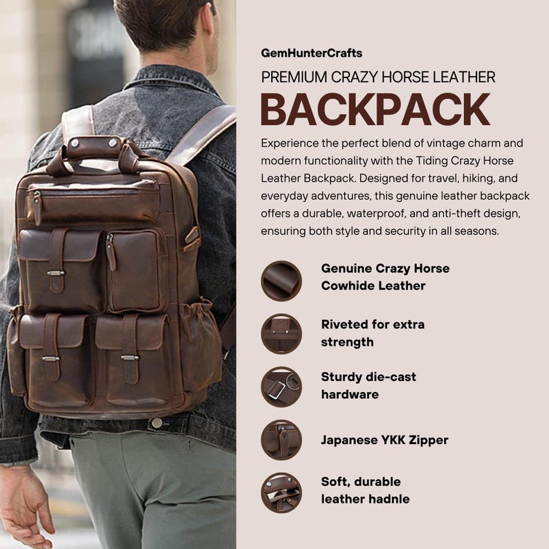 May include: Brown leather backpack with multiple pockets and a zipper closure. The backpack is made of genuine crazy horse cowhide leather and has riveted details for extra strength. The backpack also features sturdy die-cast hardware and a Japanese YKK zipper.