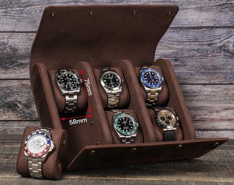 Crazy Horse Leather 6-Slot Watch Case – Vintage Watch Roll Display Box
