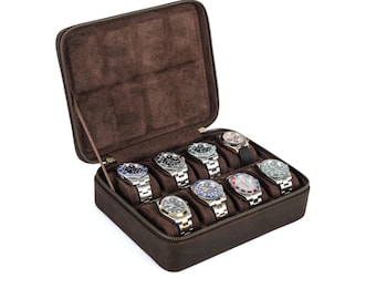 Handmade 8-Slot Crazy Horse Leather Watch Box – Travel Watch Organizer