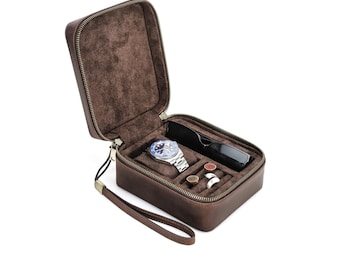 Leather Watch Travel Case – Handmade Jewelry Organizer, Sunglasses Storage
