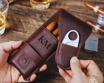 Personalisierte Ledertasche für 3 Zigarren, kompakte Zigarrentasche