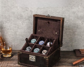Handmade Crazy Horse Leather 6-Slot Watch Box – Travel Storage Case