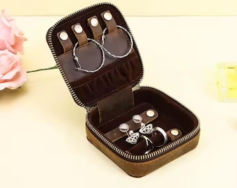 Personalized Leather Jewelry Travel Case: Cowhide Organizer, Velvet Lined
