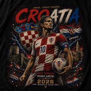 May include: A black t-shirt featuring a graphic of a football player in a red and white chequered jersey with the number 10, holding a football. The design includes the text CROATIA, 2026 WORLD CUP, and other Croatian phrases, with a shield, flag, and stadium background.