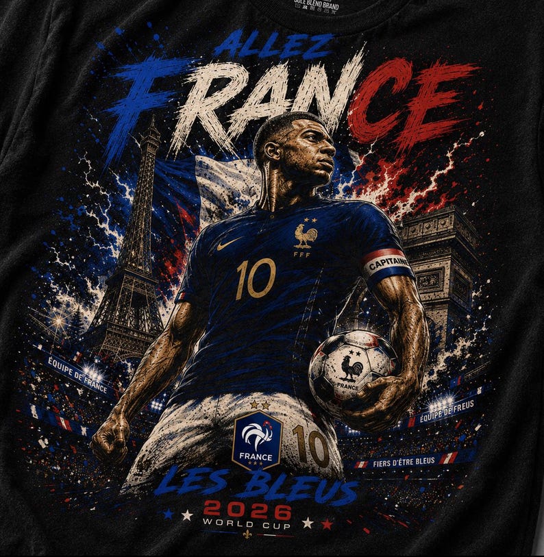 May include: A black t-shirt featuring a graphic of a football player in a blue jersey with the number 10, holding a football. The design includes the Eiffel Tower, the Arc de Triomphe, the text Allez France, Les Bleus, and 2026 World Cup.