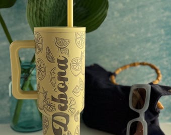 Lemon Stanley Tumbler. Personalized Stanley Custom Lemon Tumbler 40oz Gift for summer birthday. Summer Drinkware.