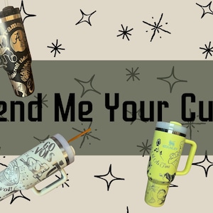 May include: Three different stainless steel tumblers with various designs. The tumblers are all black, white, and yellow with different designs and text. The text on the tumblers includes "Roll Tide", "Go Vols", and "Beauty and the Beast".