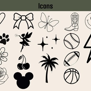 K&ouml;nnte beinhalten: Eine Sammlung von schwarz-wei&szlig;en Strichzeichnungen auf beigem Hintergrund. Die Icons umfassen ein Herz, eine Schleife, einen Schmetterling, einen Cowboy-Stiefel, ein Smiley, Pfotenabdr&uuml;cke, eine Fee, Sterne, Baseball, Blitz, Blume, Kirschen, Palme, Football, Basketball, Rose und Mickey Mouse.