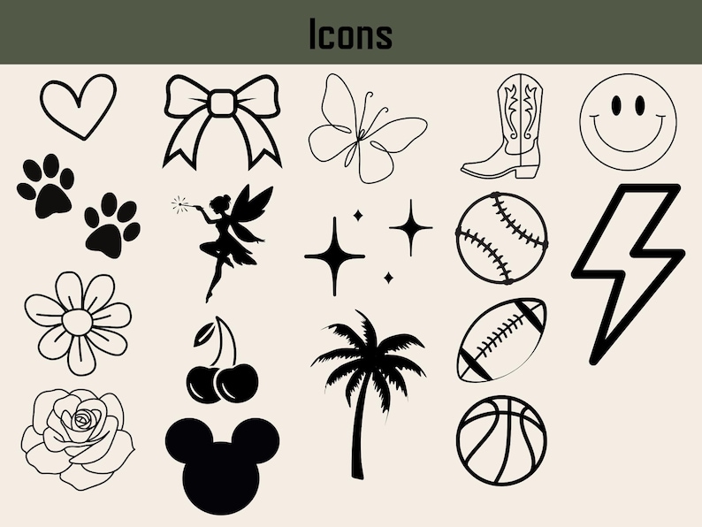 K&ouml;nnte beinhalten: Eine Sammlung von schwarz-wei&szlig;en Strichzeichnungen auf beigem Hintergrund. Die Icons umfassen ein Herz, eine Schleife, einen Schmetterling, einen Cowboy-Stiefel, ein Smiley, Pfotenabdr&uuml;cke, eine Fee, Sterne, Baseball, Blitz, Blume, Kirschen, Palme, Football, Basketball, Rose und Mickey Mouse.