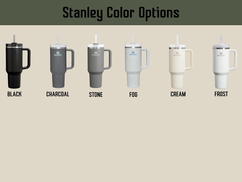 May include: Six stainless steel travel mugs with different color options: black, charcoal, stone, fog, cream, and frost. Each mug has a handle and a straw.