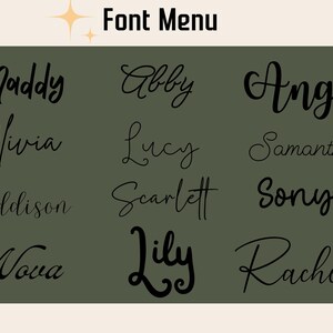 K&ouml;nnte beinhalten: Eine Grafik mit dem Titel &bdquo;Font Menu&ldquo; mit einem hellbeigen oberen Teil und einem olivgr&uuml;nen Hintergrund. Der Text &bdquo;Font Menu&ldquo; steht oben in Schwarz. Darunter sind verschiedene Namen in Schreibschriftarten, darunter Maddy, Abby, Angel, Olivia, Lucy, Samantha, Addison, Scarlett, Sonya, Nova, Lily und Rachel.