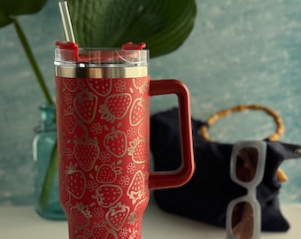 Strawberry Stanley Tumbler. Personalized Stanley Custom Strawberry Tumbler 40oz Gift for summer birthday. Summer Drinkware.