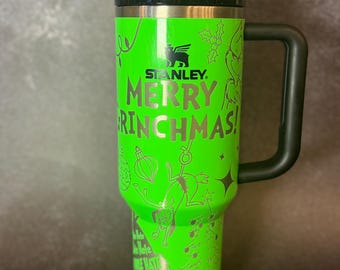 Merry Grinchmas Tumbler. Engraved 40 oz Stanley Cup with the Green Guy. You’re A Mean One Personalized Christmas Gift.