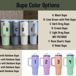 May include: Five different color tumblers with a rainbow lid. The tumblers are labeled A through E. The colors are black, lime green, dark gray, cream, and light gray. The text below the tumblers lists five different color options for the tumblers: blue with rainbow, purple with rainbow, orange with rainbow, green with rainbow, and teal with rainbow.