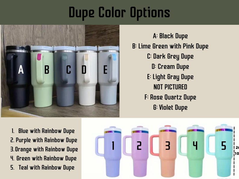 May include: Five different color tumblers with a rainbow lid. The tumblers are labeled A through E. The colors are black, lime green, dark gray, cream, and light gray. The text below the tumblers lists five different color options for the tumblers: blue with rainbow, purple with rainbow, orange with rainbow, green with rainbow, and teal with rainbow.