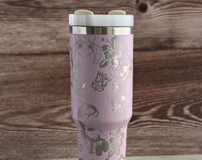 Featured listing image: Custom Engraved Blue Alien Inspired Stanley Tumbler. 40oz cup tropical Hawaii design. Stitch Tumbler. Kids Stanley. Magic Castle Cup.